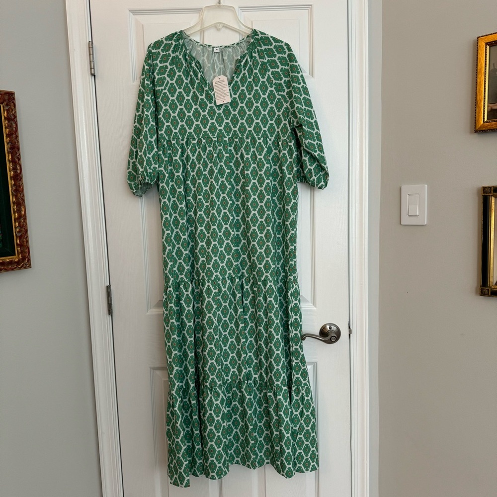 Boho Green and White Maxi Prairie Dress, M